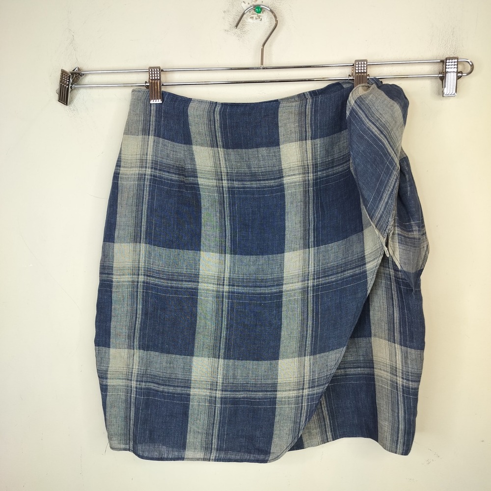 Jones New York Wrap Mjni Skirt 10P Plaid Linen Blue Side Tie Vintage
